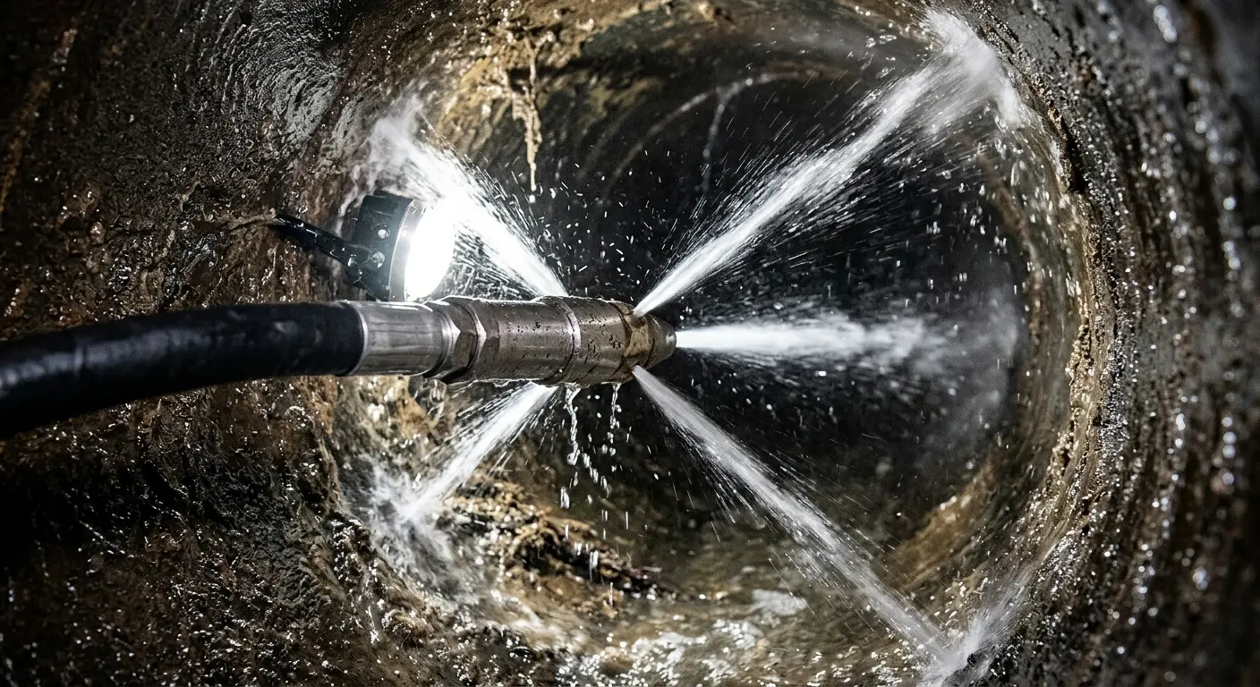 High-pressure hydro jetting nozzle cleaning sewer pipe for Trenchless Sewer Repair in Robinwood