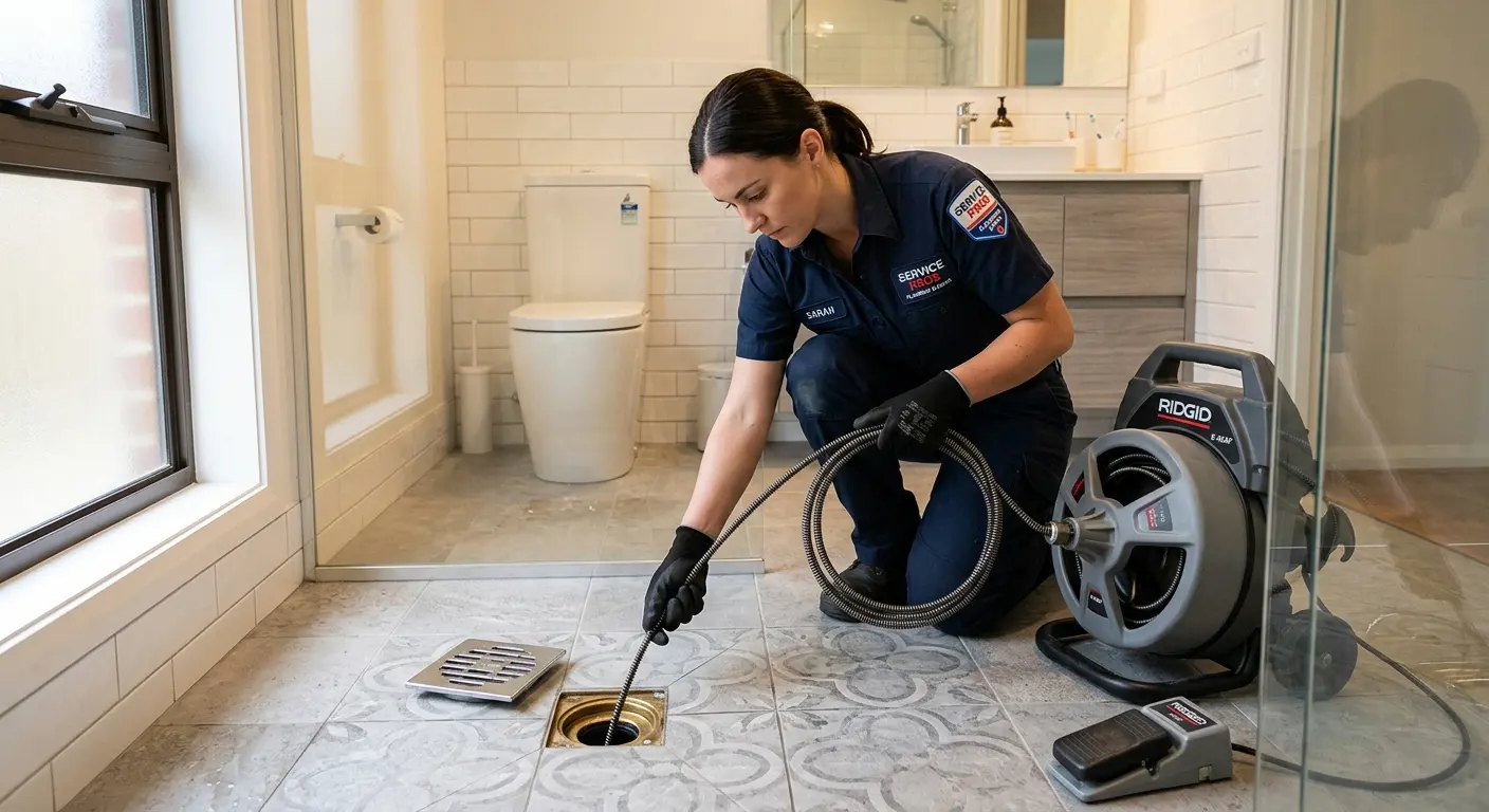 Technician clearing a bathroom floor drain for Clogged Drain Repair in Robinwood